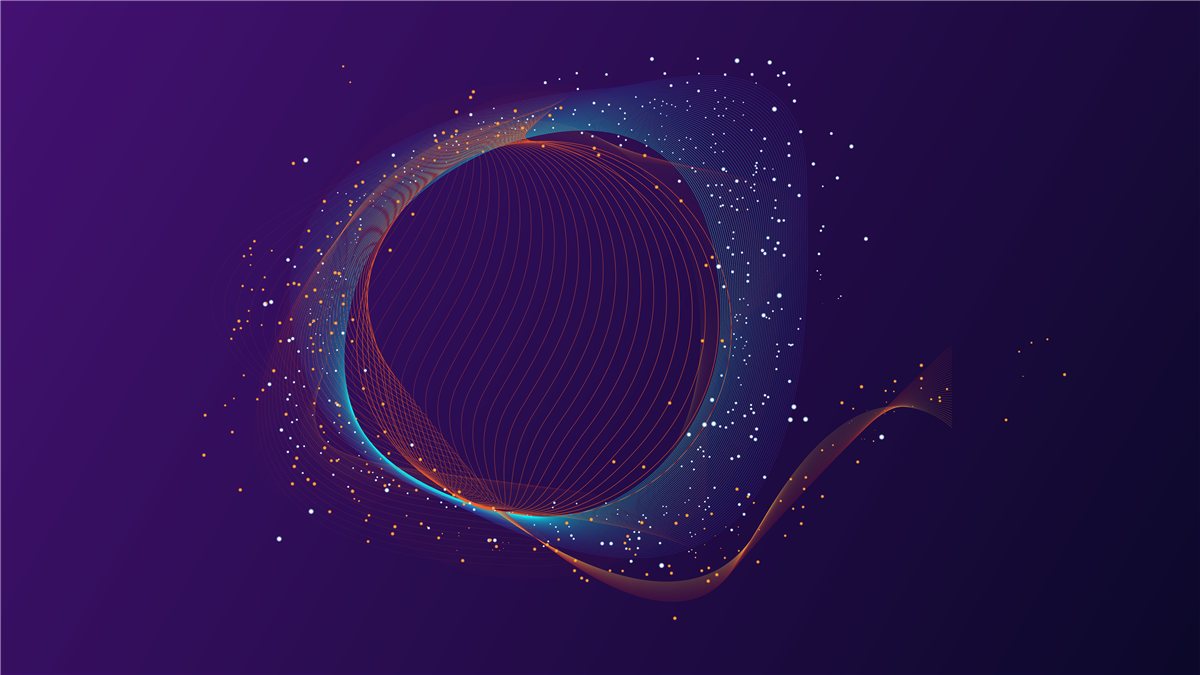 An abstract brand graphic: a dark violet disc ringed by fine orbiting lines and scattered points of light.