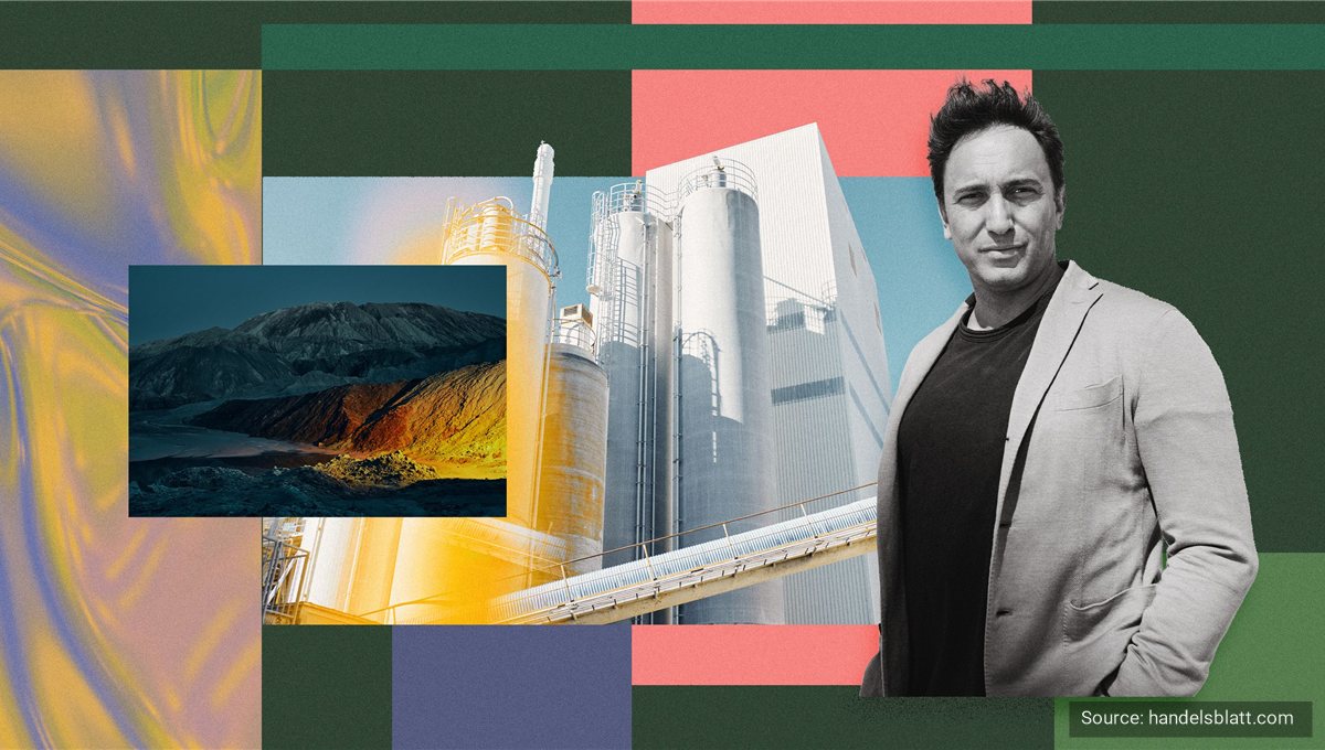 A collage of an industrial plant's silos and conveyor beside a portrait of its founder, set on blocks of brand colour.