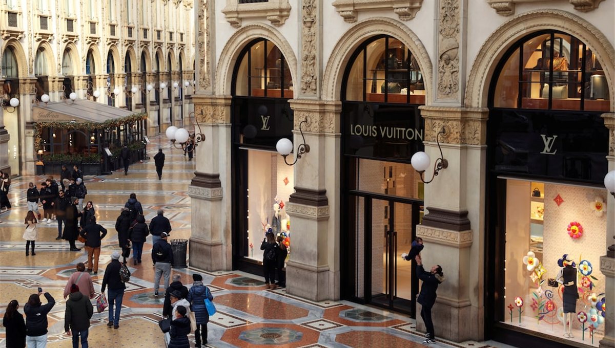 The Louis Vuitton store under the arcades of the Galleria in Milan.