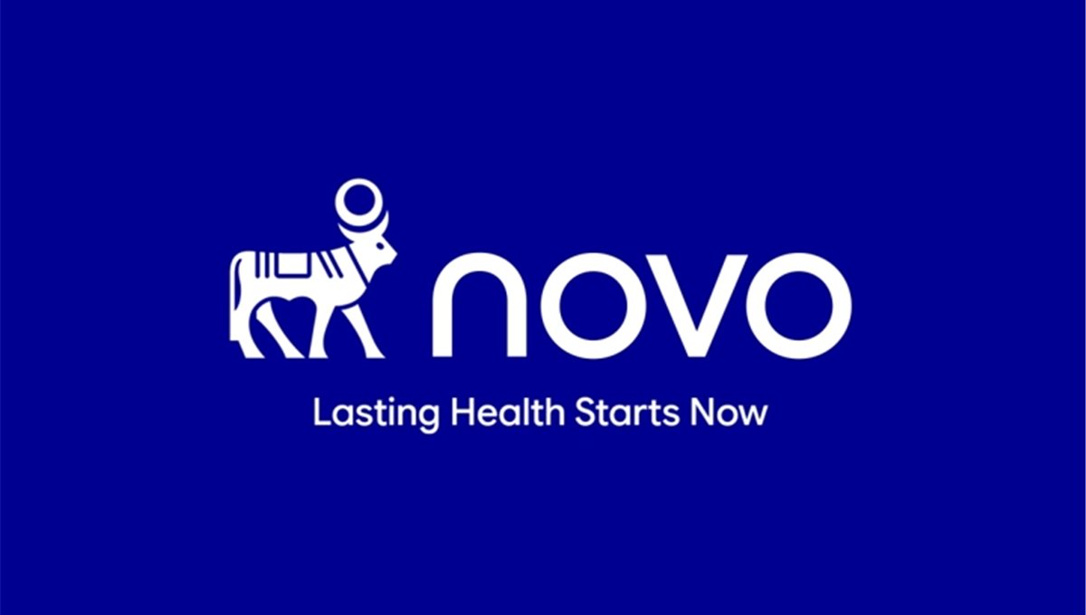 The Novo Nordisk wordmark and bull logo in white on deep blue, above the line Lasting Health Starts Now.