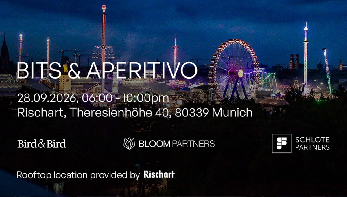 The Bits & Aperitivo invitation over a night view of the Oktoberfest fairground.