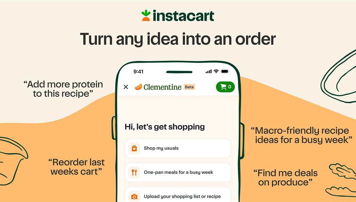 Instacart promotional graphic for Clementine, showing a phone with prompts like Shop my usuals.